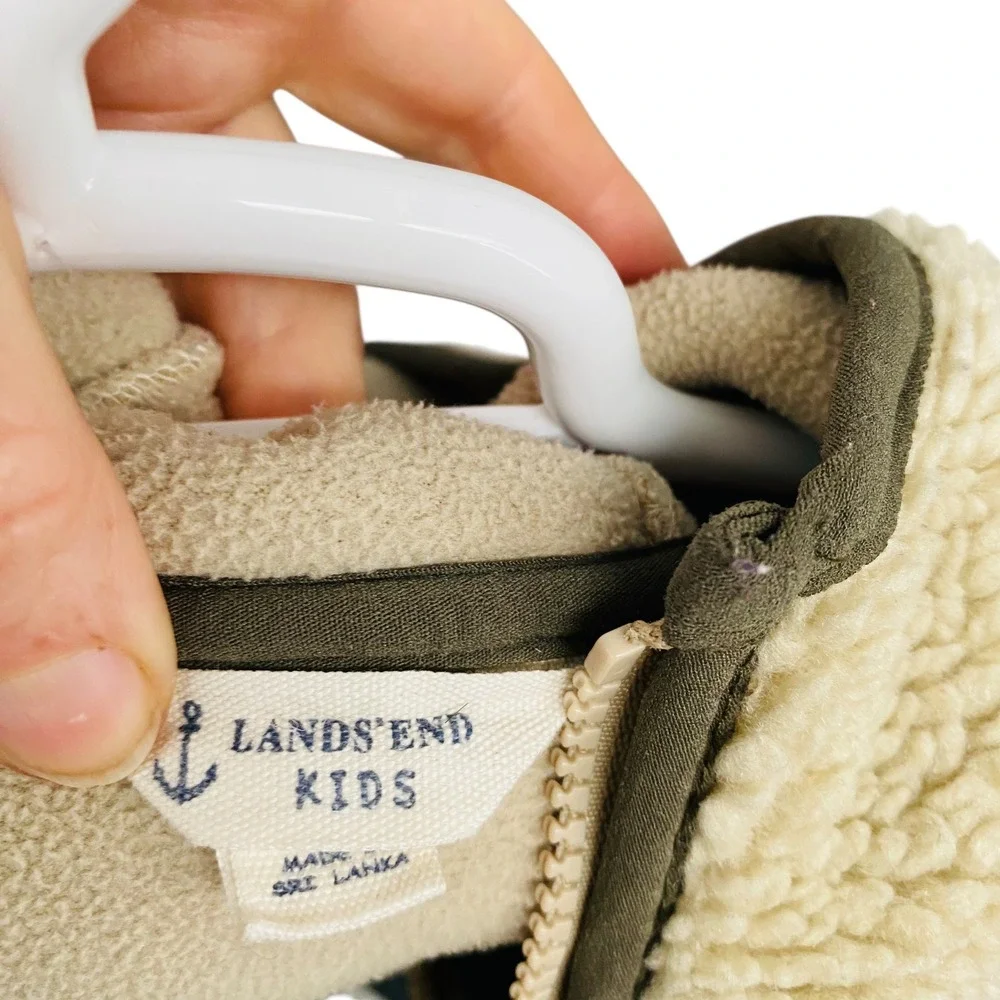 Lands End Kids Sherpa Fleece Hooded Jacket Beige Tan Full‎ Zip Size L 14-16